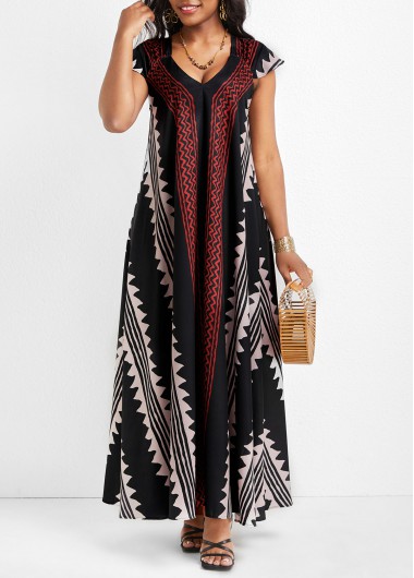 Striped A Line V Neck Black Maxi Dress