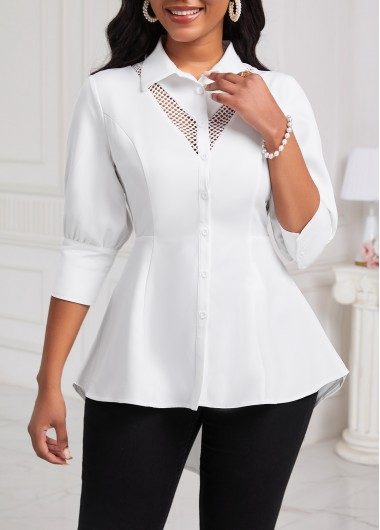 ROTITA Patchwork White Shirt Collar Half Sleeve Blouse