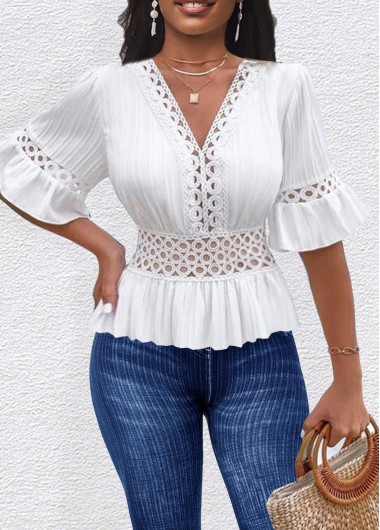 ROTITA Patchwork White V Neck Half Sleeve T Shirt