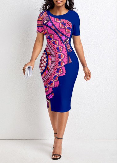 Tribal Print Patchwork Dark Blue Bodycon Dress