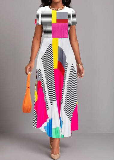 Geometric Print Pleated Multi Color Maxi Dress