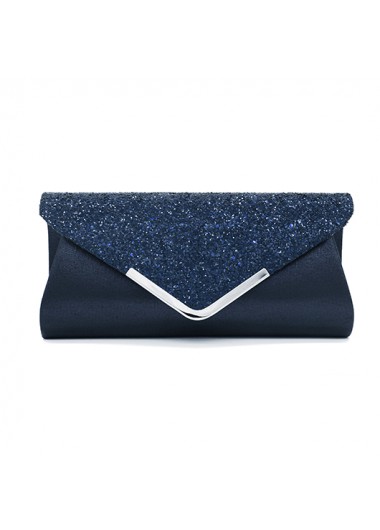 Peacock Blue Magnetic V Design Sequined Evening Bag