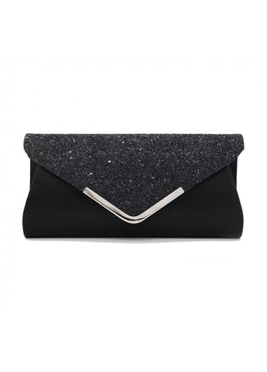 Sequined Black Magnetic V Design Evening Bag