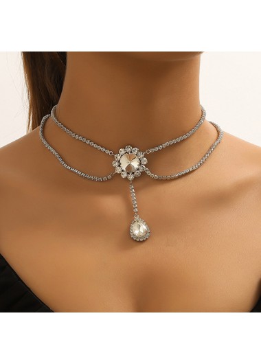 Layered Rhinestone Design Silvery White Necklace