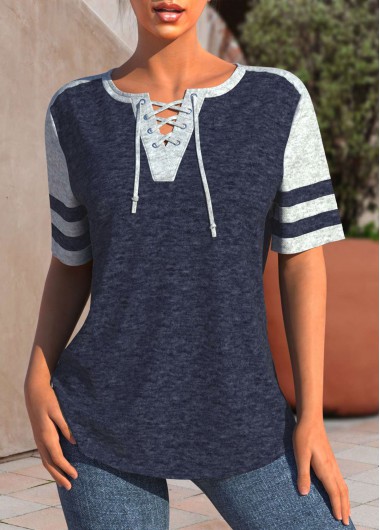 Short Sleeve Patchwork Navy Lace Up Collar Blouse