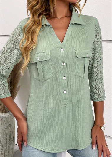 ROTITA Patchwork Sage Green Shirt Collar Blouse