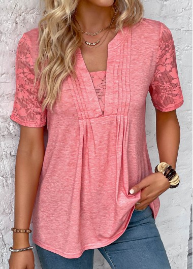 ROTITA Patchwork Peach Red Split Neck T Shirt
