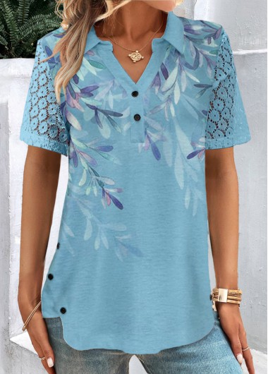 ROTITA Button Plants Print Blue Shirt Collar Blouse