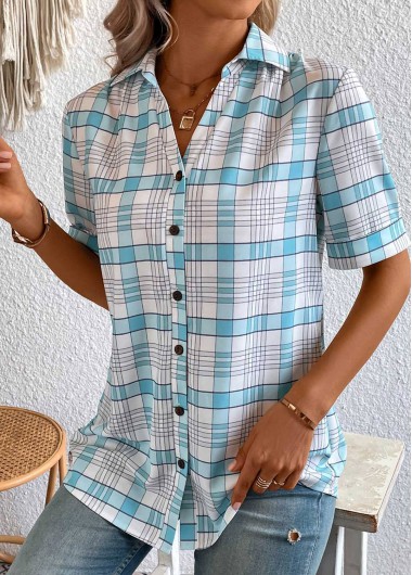 ROTITA Button Plaid Light Blue Shirt Collar Blouse
