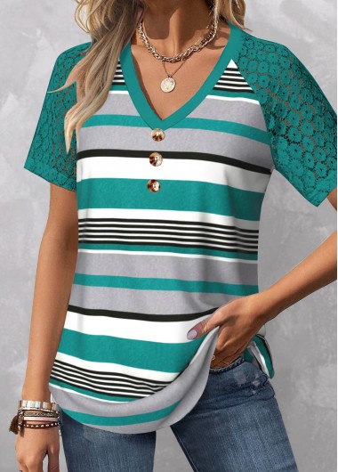 ROTITA Patchwork Striped Cyan V Neck T Shirt