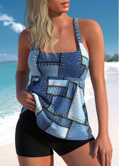 Geometric Print Patchwork Denim Blue Tankini Top