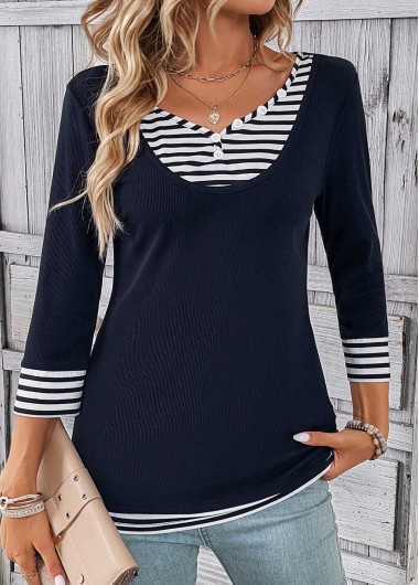 ROTITA Fake 2in1 Striped Navy V Neck T Shirt