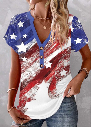 Flag Print Button Multi Color T Shirt
