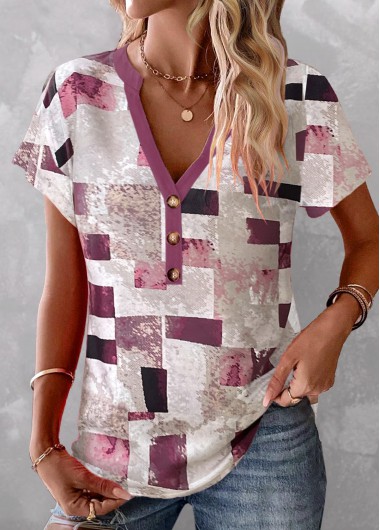 Geometric Print Button Multi Color T Shirt