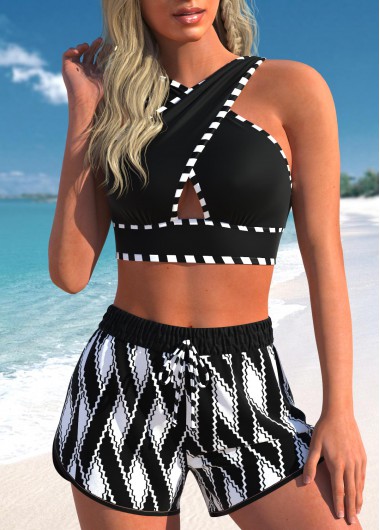 ROTITA Criss Cross Black Geometric Print Bikini Set
