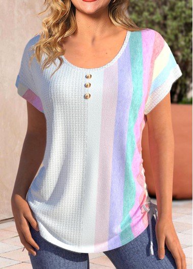 ROTITA Button Striped White Round Neck T Shirt