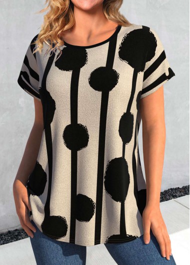 ROTITA Geometric Print Dark Camel Round Neck T Shirt