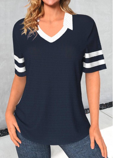 Short Sleeve Patchwork Navy Polo Collar T Shirt
