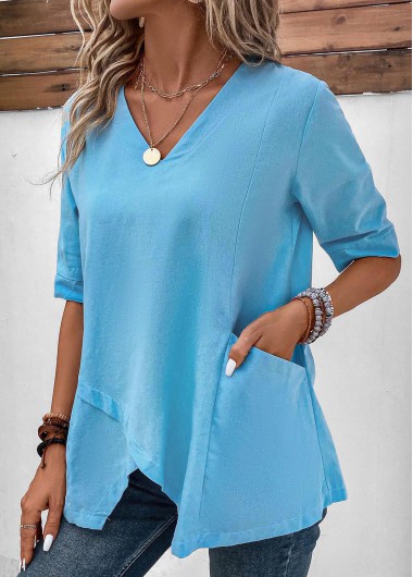 Pocket V Neck Half Sleeve Blue T Shirt