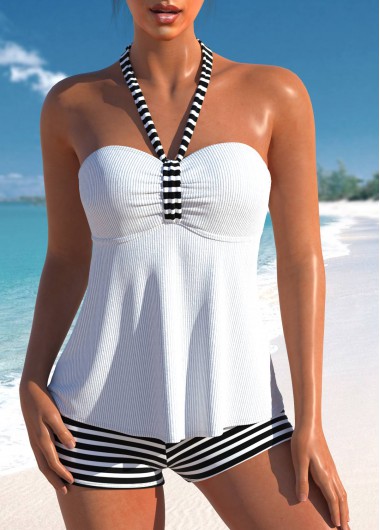 High Waisted Striped Drawstring White Tankini Set