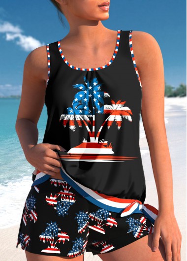 Mid Waisted Tropical Plants Print Bowknot Tankini Set