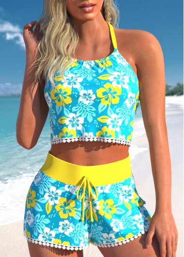 ROTITA Tassel Cyan Floral Print High Waisted Bikini Set