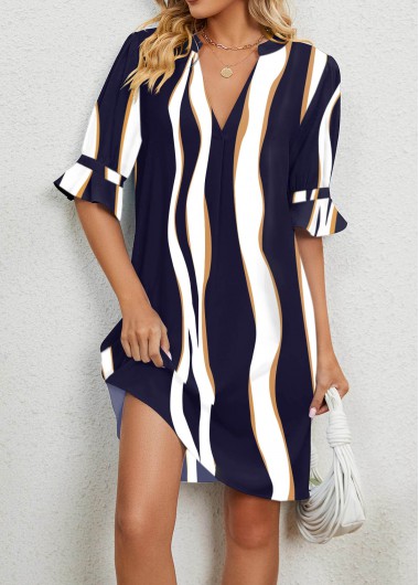 Striped Split Navy Short Shift Dress
