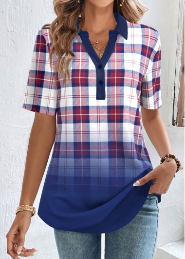 Plaid Button Multi Color Split Neck Blouse