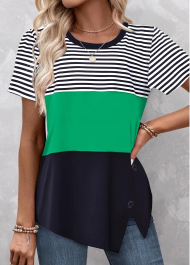 Striped Patchwork Green Round Neck T Shirt