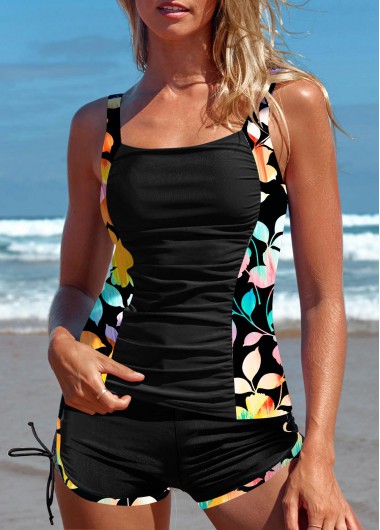 Mid Waisted Floral Print Patchwork Black Tankini Set