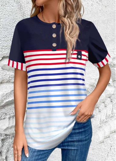 Striped Button Multi Color Round Neck Blouse