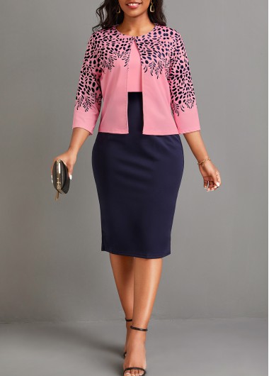 Plants Print Two Piece Pink Bodycon Dress and Cardigan