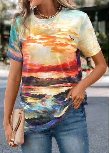 Round Neck Landscape Print Multi Color T Shirt