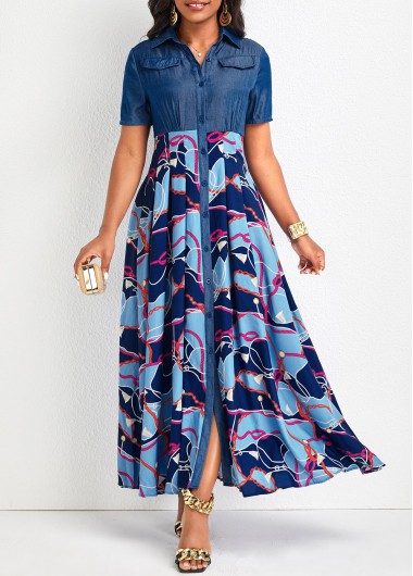 Chain Print Button Denim Blue Maxi Dress