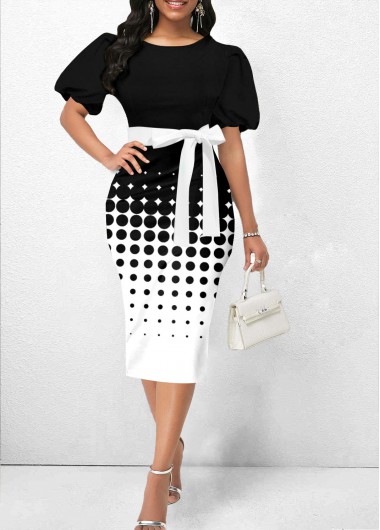Polka Dot Belted Black Round Neck Bodycon Dress
