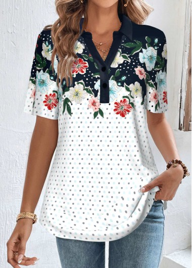 ROTITA Button Floral Print Navy Shirt Collar Blouse