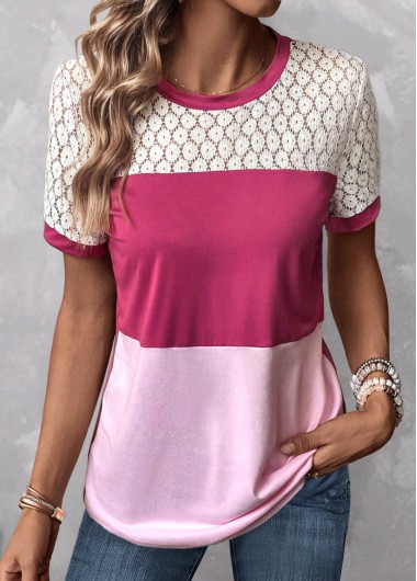 ROTITA Patchwork Pink Round Neck Short Sleeve T Shirt