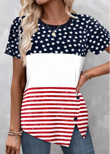 Flag Print Asymmetry Multi Color T Shirt