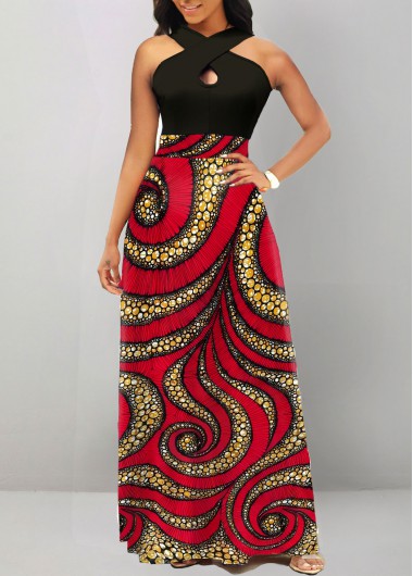 ROTITA Cut Out African Tribal Print Black Maxi Dress