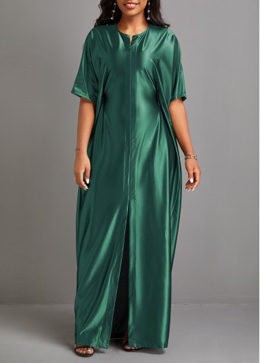 Half Sleeve Split Green Shift Dress