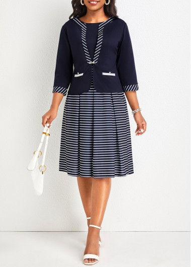 Striped Navy Round Neck Dress and Cardigan