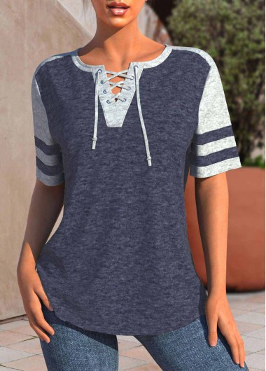 Plus Size Navy Patchwork Short Sleeve Blouse