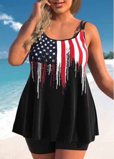 Plus Size Black Flag Print Tankini Top