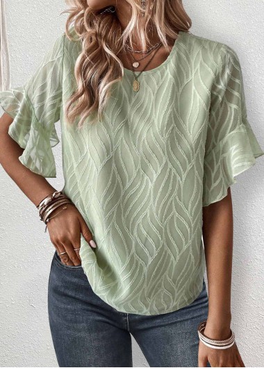ROTITA Ruffle Sage Green Round Neck T Shirt