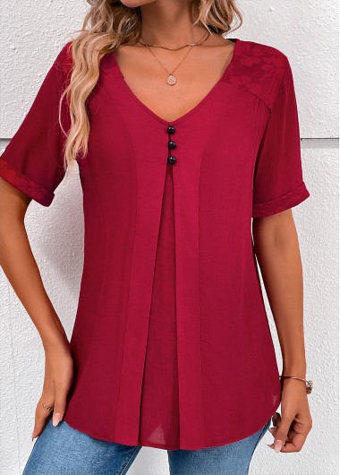 ROTITA Lace Wine Red V Neck Short Sleeve Blouse