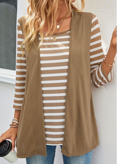 ROTITA Fake 2in1 Striped Dark Camel T Shirt