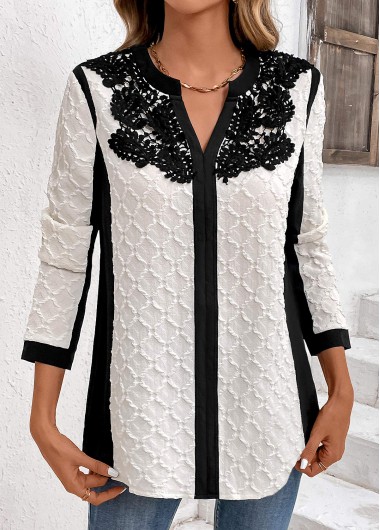 ROTITA Lace White Split Neck Long Sleeve Blouse