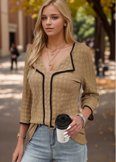 ROTITA Contrast Binding Dark Camel V Neck Blouse