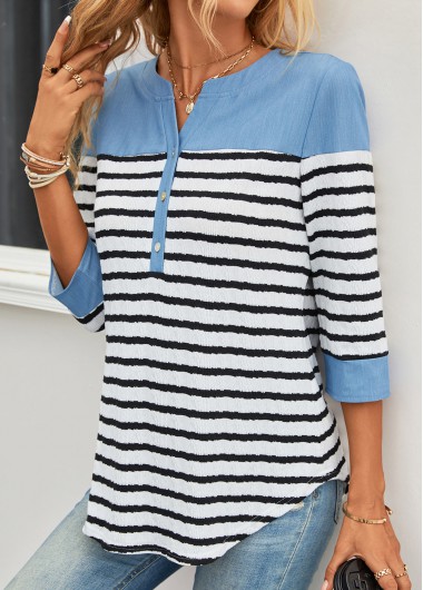 ROTITA Button Striped Sky Blue Split Neck Blouse