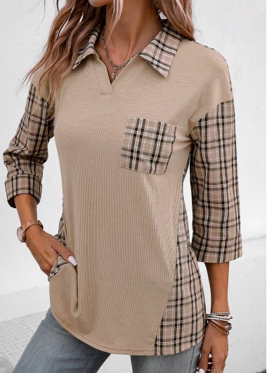 ROTITA Patchwork Plaid Light Coffee V Neck Blouse